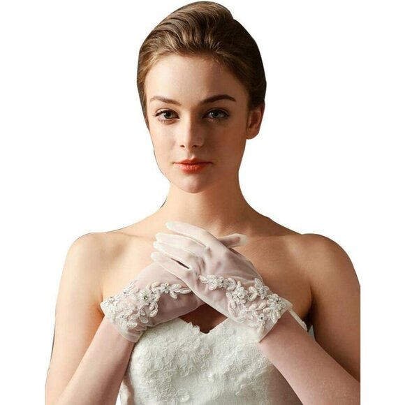 Accessories - Women's Lvory Short Length Satin Wrist Gloves Stretchy Wedding Party Prom